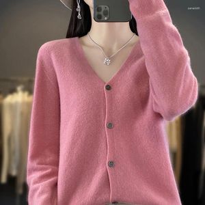 Women's Knits ZYCZCXX Merino Wool V-neck Cardigan Sweater Korean Fashion Classic Solid Color Top Jacket