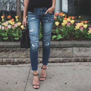 Women's Jeans Denim Pencil Pants Destroyed Pleated Stretch Jeans Jean Trousers Streetwear Plus Size 240304