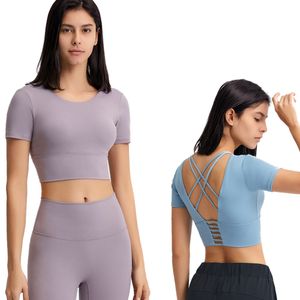 Workout Crop Tops for Women Yoga Fitness Tops Padded Criss Cross Strappy Back Short Sleeves Seamless Training Athletic Gym T-Shirt