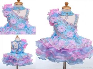 Immagine reale Collo alto Mini Cupcake corto Ragazze di fiore Abiti Appliques Perline Laceup Back Ragazze Abiti da spettacolo Compleanno per bambini Par7127107