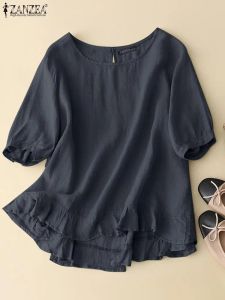 Camicetta ZANZEA Camicia estiva in cotone Donna O Collo Mezza manica Camicetta Causale Tunica allentata Top da lavoro OL Blusas Tinta unita Camicetta blu scuro