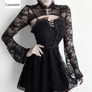 Blouse Black Punk Women Short Lace Blouse 2021 Lady Palace Tight Flare Sleeve Stand Neck Sexy Gothic Blusa Double Breasted Rock Hot Top