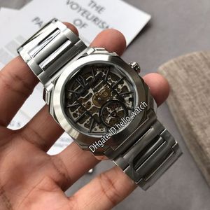 40mm Octo Finissimo Tourbillon 102937 시계 골격 블랙 다이얼 자동 남성 시계 SS 스틸 팔찌 스포츠 시계 Hello Watch209b