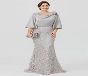 2022 NYA SILVER ELEGANT LÅNG MOR AV BRIDE KLÄNNER Halvhylsa Lace Mermaid Wedding Gästklänning Plus Size Formell Evening Wea3756506