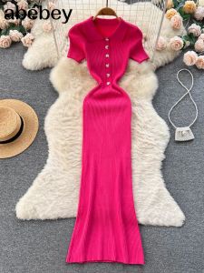 Klänningar chic sexig elegant virkning bodycon midi klänning v nacke avbryta krage smal wrap blyerts klänning koreanska mode kvinnor vestido ny y2k