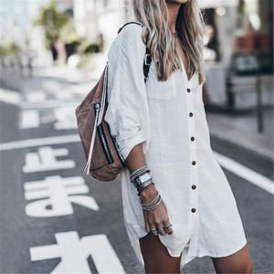 Summer Beach Cover-up Women Tops Swimsuit Cover Up Plus Size Long Sleeve White Cotton Shirt Dress Fashion Button Beachwear Tunic S225G