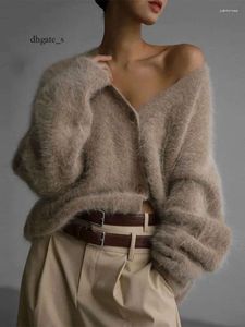 Women's Knits Autumn V Neck Mohair Cardigan for Women Fashion Solid Long Sleeve Plush Sweater Coat Lady Chic Female Loose Knitwear