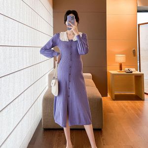 Dresses Maternity Korean Knit Nursing Dresses For Autumn Winter 2023 Clothes For Pregnant Women Cute Peter Pan Collar Pregnancy Dress