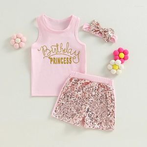 Kläduppsättningar 2-7 år flickor flickor sommarkläder baby paljett brev ärmlösa toppar korta byxor träning barn casual outfits