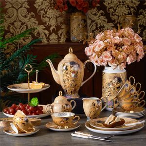 Luxury Bone China British Tea Cup Set Gustav Klimt Porcelain Coffee Ceramic Teapot Creamer Sugar Bowl Milk Jug Coffeeware 240301
