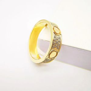 O logotipo do designer original grava 6mm diamante LOVE Ring 18K ouro prata rosa 750 anéis de aço inoxidável Mulheres homens amantes casamento jóias presente grande EUA tamanho 6 7 8 9 10 OK