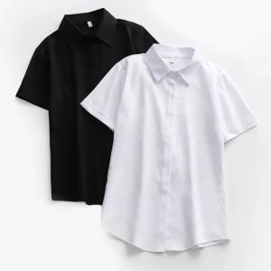 Gömlek JMPRS Büyük boyutlu kadınlar beyaz gömlek yaz kısa kollu ofis bayanlar siyah düğmesi üst kısımlar gevşek katı gündelik bluz s5xl yeni
