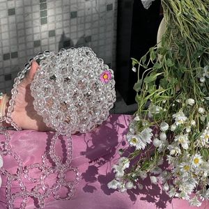 Evening Bags Summer Fashion Mini Round Crystal Beaded Weaving Chain Crossbody Bag Ins Cute Flower Shoulder Strap Handmade Women's