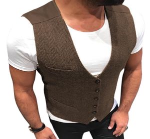 2021 Fashion Wool Groom Vests Wedding Brown Patchwork Herringbone Tweed Groom Vest Slim Fit Mens Business Suit Väst Prom Wedding W2600228