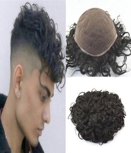 Curly Wave Toupee för män alla franska spetsar mänskliga hår män toupee ersättningssystem remy hår 20 mm våg full spetsar mens toupee hår3020249