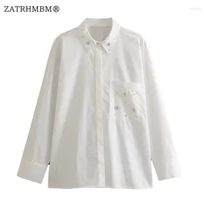 Women's Blouses ZATRHMBM 2024 Women Fashion Artificial Jewelry Decoration Poplin Blouse Vintage Long Sleeve Female Shirts Blusas Chic Tops