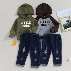 Комплекты одежды CitgeeAutumn, детская одежда для маленьких мальчиков, толстовка с капюшоном и длинными рукавами с буквенным принтом и рваные джинсовые штаны, осенняя одежда