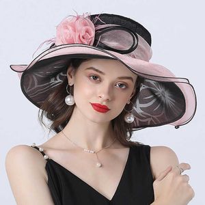 Cappello estivo da donna da chiesa in organza a tesa larga da sole Ladeis Fascinator per Kentucky Derby abito da sposa da sposa 210531218z