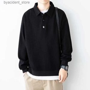 Men's T-Shirts Mens Clothing Baggy Black Top Polo T Shirt for Man Unicolor Sweatshirts Plain 90s Vintage Harajuku Fashion Long Sleeve Full It L240304