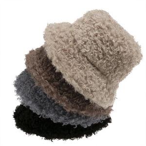 New Outdoor Warm Lamb Faux Fur Bucket Hat Black Solid Fluffy Fishing Cap Lovely Plush Warm Fisherman Hat Women Winter216o