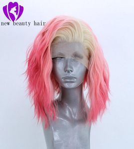 Wysoka temperatura Fibre 360 ​​Frontal krótka luźna fala pełne włosy Peruki Ombre różowy kolor syntetyczny koronkowy przednia peruka dla kobiet z P3982079