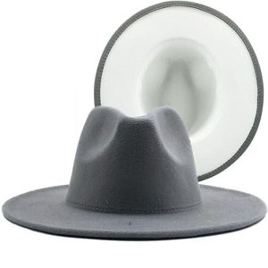 Enkel yttre grå inre vit ull filt jazz fedora hattar med tunna bältesspänne män kvinnor breda grim panama trilby cap 56-58-60cm233j