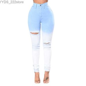 Jeansy jeansowe dżinsy niebieskie i biały gradient seksowne stóp wysokich talii dżinsowe ciasne spodnie biodra 240304