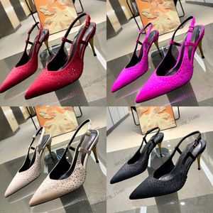 2024 Brand Silk Pumps Women High Heel Slippers Slingback Sandals 8.5cm Branded Spring Pointed Toes Rhinestone Crystals Satin stiletto Heels Wedding Shoes