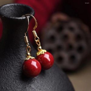 Dangle Earrings Natural Jade Cinnabar Luck10mmビーズチャームジュエリーファッションアクセサリー手彫りの男性女性の贈り物