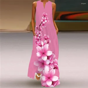 캐주얼 드레스 Movokaka Ladies Summer Long Dress 여성 핑크 민소매 V- 넥 파티 3D 꽃 프린트 빈티지 해변