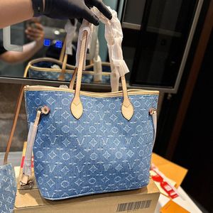 Damenblaue Denim -Einkaufstaschen mit alten Blumen Brieftasche Beutel Griff Totes Unterarmtasche große Kapazität Outdoor Sacoche Handtaschen 28 cm