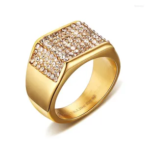Anéis de casamento luxuosos com brilho para homens, cor dourada, aço inoxidável, strass, anel de noivado, presente r266g