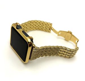 24k banhado a ouro apple watch moldura capa caso ouro diamantes aço inoxidável pulseira de relógio para apple watch s1s2s3 42mm 2in1 set4216983