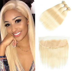 Brazilian 613 Blonde Human Hair 3 Bundles With 13X4 Lace Frontal Closure Whole Straight Blondes Virgin Hair Weave Deals With 9221787