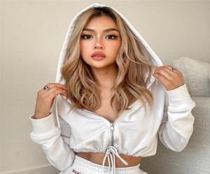 Women039s hoodies tröjor Autumn White Casual Ladies Zip Up Long Sleeve Crop Top Sweatshirt Women Drawstring Hooded Sweat1999090