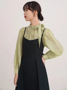 Work Dresses Standing Collar Long Sleeved Shirt Set For Women In Autumn And Winter High-End Bow Tie Two-Piece Green Drawstring Skirt S