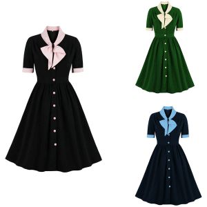 Dress Women Vintage Bow Solid Dress Retro Rockabilly 2023 Elegant Cocktail Party 1950s 40s Swing Dress Summer Dress Short Sleeves