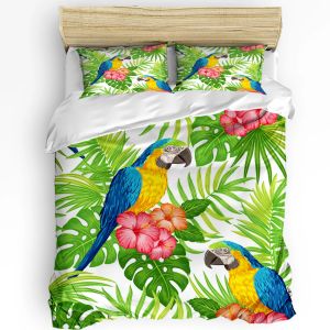 Sets Papageienblüten grüne tropische Pflanzenblätter 3pcs Bettwäsche Set für Doppelbett Heimattee Textil Bettdecke Quilt Cover Kissenbezug