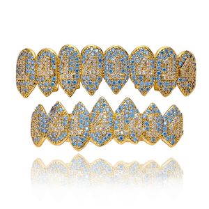 Gold Plated Colorful Blue 1414 CZ Vampire Teeth Grillz Iced Out Micro Pave Cubic Zircon 8 Tooth Hip Hop Grill Top Bottom Teeth Set with Silicon Molding Bar Man Jewel