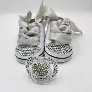 2. Girl Canvas Sneakers born Baby Boy Rhinestone Espadrilles Personalized Name Date Infant Crib Shoes and Pacifier Set 240227