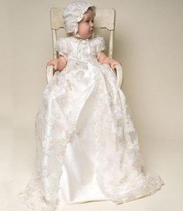 New First Communion Dresses Lace Applique ALine Short Sleeve Long Crew Bow Lovely Baptism Dresses Hat3154349