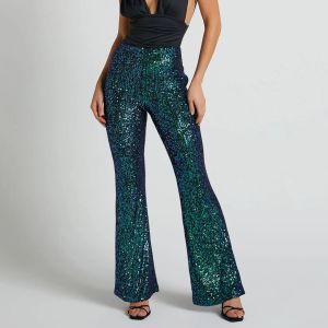 Capris Women Sparkle Sequin Pant Full Length Shiny Elastic Flare Pant High Waist Solid Color Club Party Long Leg Pants Bell Bottom 2023