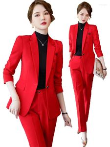 Women's Two Piece Pants Novelty Red Formal Professional Women Business Suits With 2 Set And Jackets Coat Ladies Office Work Wear Blazers