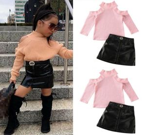 2PCS Toddler Baby Girl Autumn Winter Clothes long sleeve pink off shoulder Sweater Tops black zipper Mini Skirt Outfits Set J12042560542