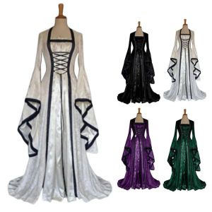 Kleid Frauen Retro Cosplay Kleid Flare Hülse Vintage Bodenlangen Einfarbig Große Manschette Maxi Kleid Gothic Stil für Halloween