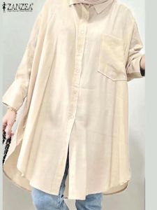 Tops ZANZEA Eid Mubarek Muslim Blouse Summer Long Sleeve Lapel Neck Tunic Tops Woman Elegant Solid Color Blusas Turkey Hijab Shirt