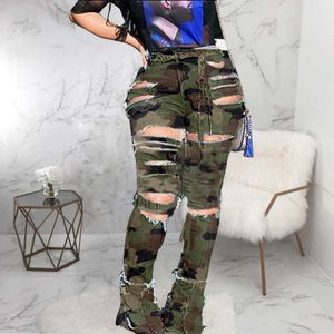 Calças de brim femininas camuflagem cintura feminina boot cutjeans com uma cintura apertada denim rasgado mulher plus size # g5 240304