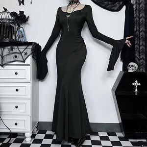 Vestidos casuais gótico mulheres fishtail vestido trajes cosplay senhoras mangas largas preto longo masquerade role-playing festa maxi