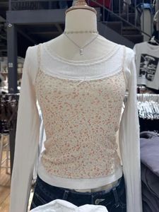 Damen-Tanks, süßes Blumendruck-Tanktop für Damenkleidung, Spitzenbesatz, Schleife, ärmellos, schlanke Crop-Tops, Sommer, niedlich, lässig, weiche Baumwolle, kurz