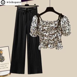 Suits Korean Popular Summer New Vintage Printed Chiffon Shirt Casual Trousers Twopiece Elegant Women's Pants Set Female Tracksuit